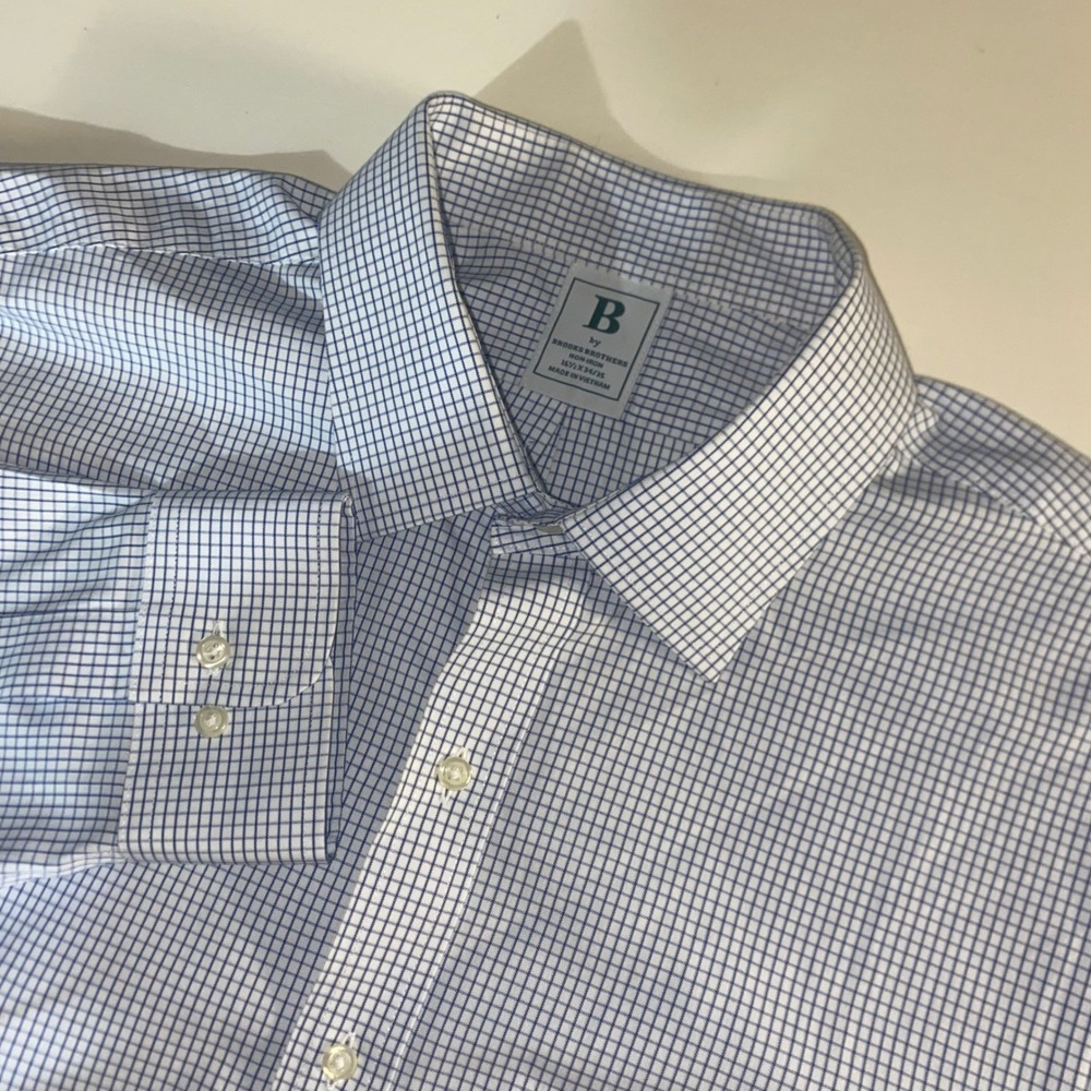 Brooks Brothers Mens Blue White Micro Check Non-Iron Dress Shirt 16.5 x 34/35